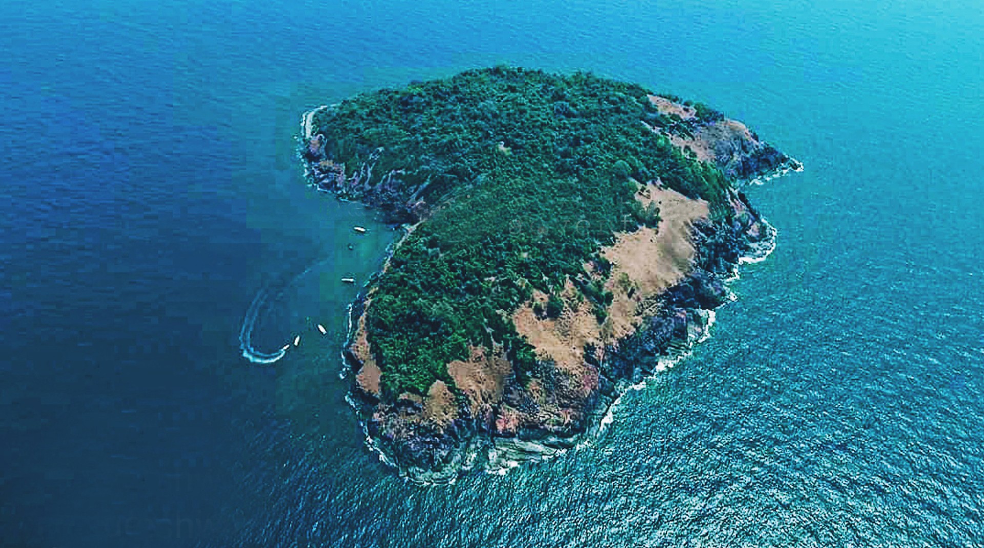 Aerial view of Netrani Island scuba diving site near Murdeshwar